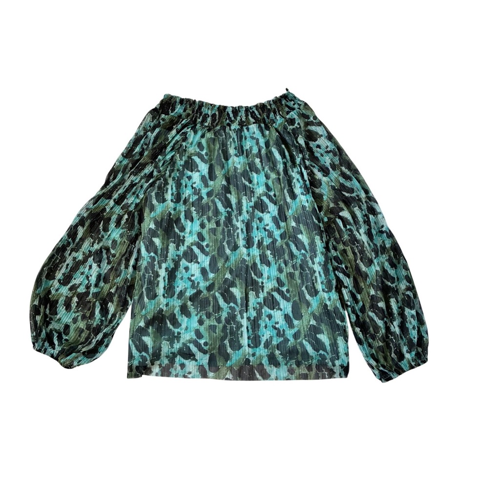 Terra & Sky Teal Animal Print Pleated Mesh Off Shoulder Blouse 0X 14W